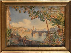 SCUOLA ROMANA DEL XIX SECOLO : Veduta di Roma con ponte Rotto  - Asta Disegni antichi - Associazione Nazionale - Case d'Asta italiane