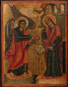 Scuola bizantina del XVIII secolo : A) Battesimo di Cristo B) Annunciazione Coppia di oli su tavola su sfondo oro  - Asta Disegni antichi - Associazione Nazionale - Case d'Asta italiane