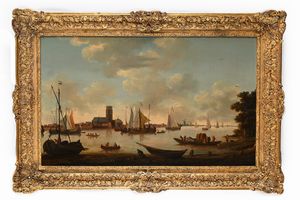 Hendrick De Meyer I : Vista di Dordrecht dal fiume Maas  - Asta Disegni antichi - Associazione Nazionale - Case d'Asta italiane