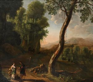 Herman  van Swanevelt - Paesaggio boschivo con Meleagro che mostra a Atlanta la testa del Cinghiale Calidonio