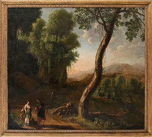 Herman  van Swanevelt : Paesaggio boschivo con Meleagro che mostra a Atlanta la testa del Cinghiale Calidonio  - Asta Disegni antichi - Associazione Nazionale - Case d'Asta italiane