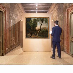 Herman  van Swanevelt : Paesaggio boschivo con Meleagro che mostra a Atlanta la testa del Cinghiale Calidonio  - Asta Disegni antichi - Associazione Nazionale - Case d'Asta italiane