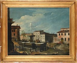 Scuola romana del XVIII secolo : Veduta con la piazza di Santa Maria Maggiore  - Asta Disegni antichi - Associazione Nazionale - Case d'Asta italiane
