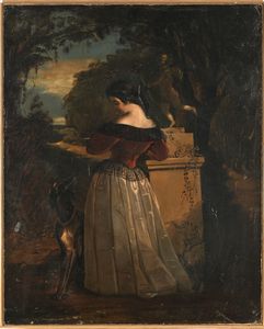 Scuola francese fine XVIII/inizio XIX secolo : Dama con cane  - Asta Disegni antichi - Associazione Nazionale - Case d'Asta italiane