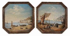 PITTORE DEL XIX SECOLO - Marina con pescatore