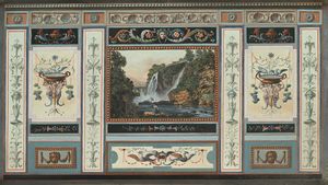 Scuola romana del XVIII secolo - Paesaggio inscritto tra grottesche