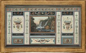 Scuola romana del XVIII secolo : Paesaggio inscritto tra grottesche  - Asta Disegni antichi - Associazione Nazionale - Case d'Asta italiane