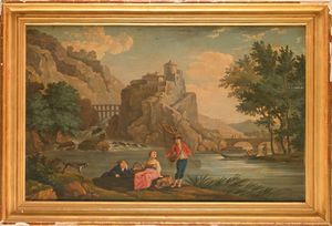 Scuola francese del XIX secolo : Corteggiamento sul lago  - Asta Disegni antichi - Associazione Nazionale - Case d'Asta italiane