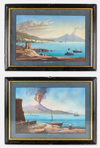 Pittore della fine del XIX secolo - a) Napoli da Mergellina  b) Napoli dal mare