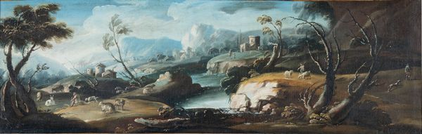 Scuola napoletana, fine XVIII secolo : Paesaggio fluviale con armenti  - Asta Oggetti d'arte, Gouaches dalla Collezione di Carlo Knight, importanti dipinti antichi e dipinti del XIX secolo - Associazione Nazionale - Case d'Asta italiane