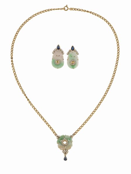 Petochi. Demi-parure composta da collana ed orecchini con giadeiti, diamanti e zaffiri  - Asta Fine Jewels - Associazione Nazionale - Case d'Asta italiane
