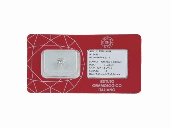 Diamante taglio brillante di ct 0.65, colore I, caratteristiche interne VVS2, fluorescenza UV debole  - Asta Fine Jewels - Associazione Nazionale - Case d'Asta italiane