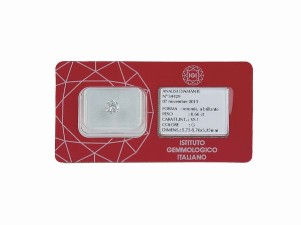Diamante taglio rotondo a brillante di ct 0.66, colore G, caratteristiche interne VS1, fluorescenza UV nulla  - Asta Fine Jewels - Associazione Nazionale - Case d'Asta italiane