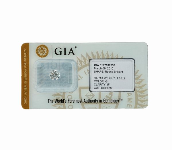 Diamante taglio rotondo a brillante di ct 1.05, colore G, caratteristiche interne IF, fluorescenza UV nulla  - Asta Fine Jewels - Associazione Nazionale - Case d'Asta italiane