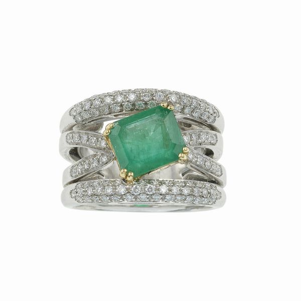 Anello a fascia con smeraldo e diamanti  - Asta Fine Jewels - Associazione Nazionale - Case d'Asta italiane