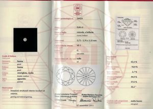 Diamante taglio rotondo a brillante di ct 0.66, colore G, caratteristiche interne VS1, fluorescenza UV nulla  - Asta Fine Jewels - Associazione Nazionale - Case d'Asta italiane