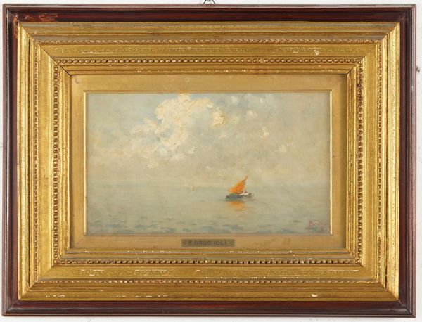 Emanuele Brugnoli, Attribuito a : Veduta marina con barca in navigazione  - Asta Dipinti del XIX e XX secolo - Associazione Nazionale - Case d'Asta italiane