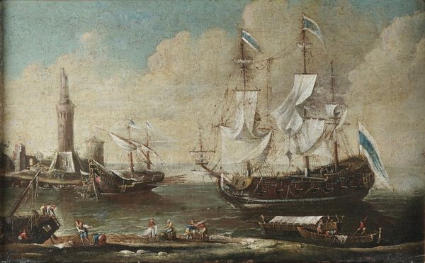 Scuola del XVIII secolo Veduta di porto con figure e velieri  - Asta Dipinti antichi  - Associazione Nazionale - Case d'Asta italiane
