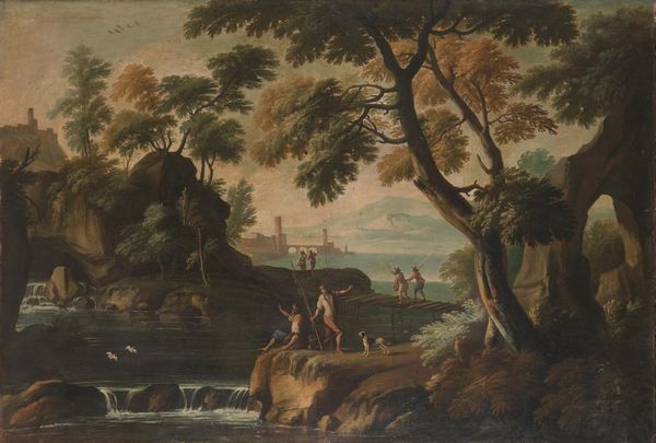Scuola veneta del XVIII secolo Paesaggio fluviale con pescatori e viandanti  - Asta Dipinti antichi  - Associazione Nazionale - Case d'Asta italiane