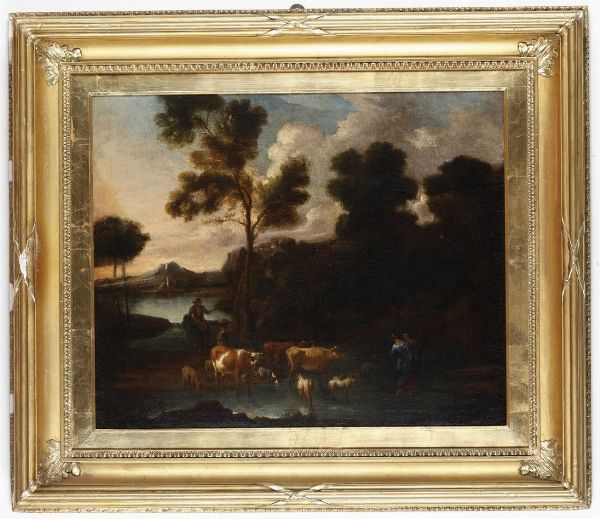 Scuola del XVIII secolo Paesaggio con pastori e armenti  - Asta Dipinti antichi  - Associazione Nazionale - Case d'Asta italiane