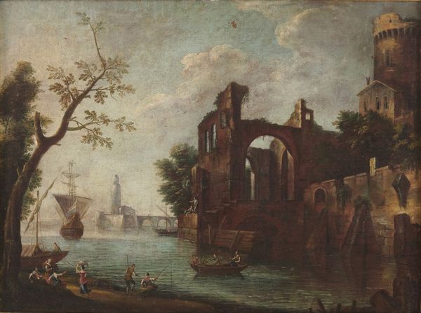 Scuola del XVIII secolo Paesaggio costiero con figure e architetture  - Asta Dipinti antichi  - Associazione Nazionale - Case d'Asta italiane
