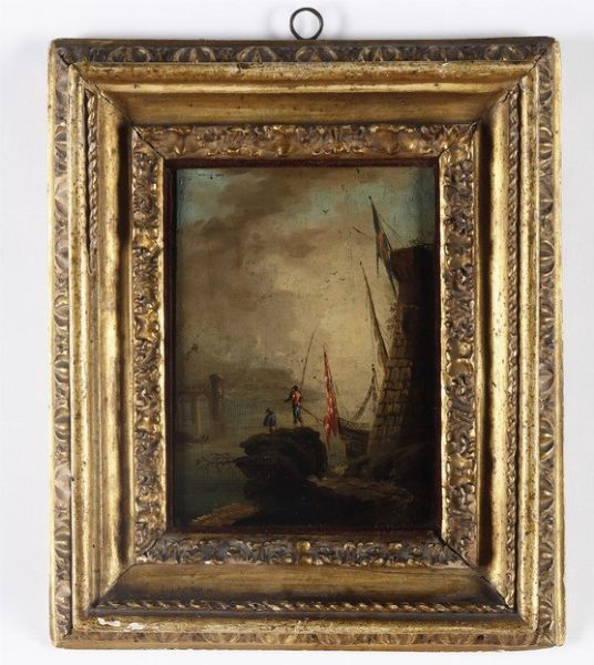 Scuola del XVIII secolo Veduta costiera con pescatori e imbarcazione  - Asta Dipinti antichi  - Associazione Nazionale - Case d'Asta italiane