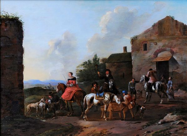 Simon Johannes van Douw : Veduta di villaggio con popolani  - Asta Dipinti antichi  - Associazione Nazionale - Case d'Asta italiane