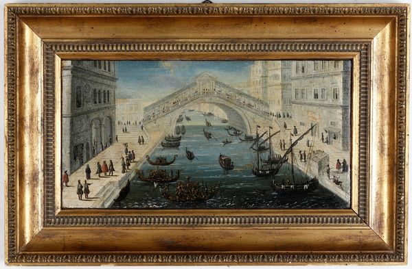 Scuola del XVII/XVIII secolo Veduta del Canal Grande con il ponte di Rialto  - Asta Dipinti antichi  - Associazione Nazionale - Case d'Asta italiane