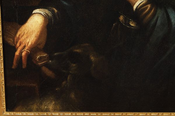 Scuola del XVII secolo Ritratto di gentiluomo con cagnolino  - Asta Dipinti antichi  - Associazione Nazionale - Case d'Asta italiane