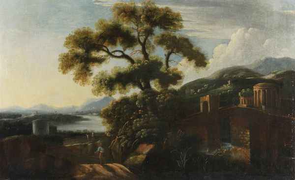 Scuola del XVIII secolo Paesaggio fluviale con figure e architetture sulla sfondo  - Asta Dipinti antichi  - Associazione Nazionale - Case d'Asta italiane