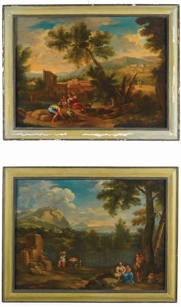 Scuola veneta del XVIII secolo Paesaggi con contadini in riva al fiume  - Asta Dipinti antichi  - Associazione Nazionale - Case d'Asta italiane