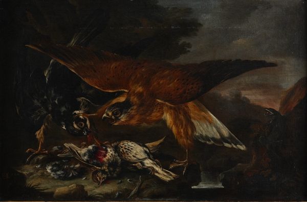 Baldassarre de Caro : Due rapaci che si avventano su un volatile  - Asta Dipinti antichi  - Associazione Nazionale - Case d'Asta italiane
