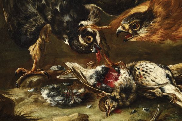 Baldassarre de Caro : Due rapaci che si avventano su un volatile  - Asta Dipinti antichi  - Associazione Nazionale - Case d'Asta italiane