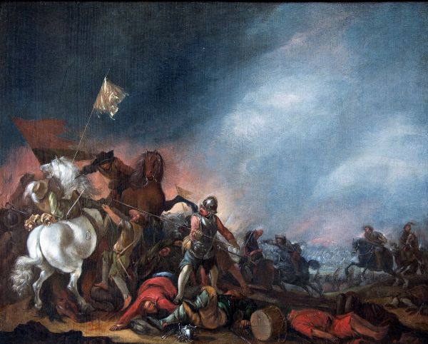 Jacob Weyer (attivo ad Amburgo alla metà del XVII secolo) : Scontro di cavalleria  - Asta Dipinti antichi  - Associazione Nazionale - Case d'Asta italiane