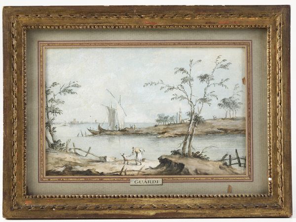 Francesco Guardi, alla maniera di : Vedute della laguna con figure  - Asta Dipinti antichi  - Associazione Nazionale - Case d'Asta italiane