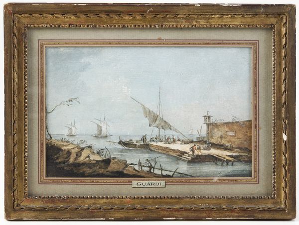 Francesco Guardi, alla maniera di : Vedute della laguna con figure  - Asta Dipinti antichi  - Associazione Nazionale - Case d'Asta italiane