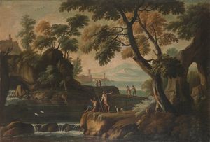 Scuola veneta del XVIII secolo Paesaggio fluviale con pescatori e viandanti  - Asta Dipinti antichi  - Associazione Nazionale - Case d'Asta italiane