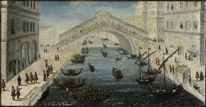 Scuola del XVII/XVIII secolo Veduta del Canal Grande con il ponte di Rialto  - Asta Dipinti antichi  - Associazione Nazionale - Case d'Asta italiane
