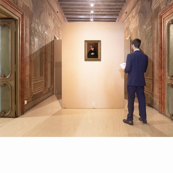 Emanuele Trionfi : Ritratto di signora con manicotto e cappello grigio  - Asta Dipinti del XIX Secolo - Associazione Nazionale - Case d'Asta italiane