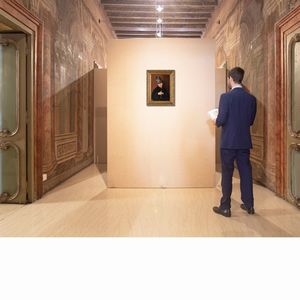 Emanuele Trionfi : Ritratto di signora con manicotto e cappello grigio  - Asta Dipinti del XIX Secolo - Associazione Nazionale - Case d'Asta italiane