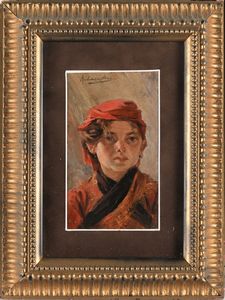 Rubens Santoro : Ritratto di fanciulla in rosso  - Asta Dipinti del XIX Secolo - Associazione Nazionale - Case d'Asta italiane