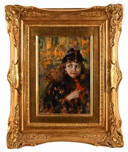 Vincenzo Irolli : Ritratto di fanciulla con cappello nero  - Asta Dipinti del XIX Secolo - Associazione Nazionale - Case d'Asta italiane