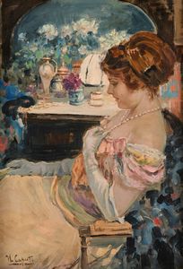 Ulisse Caputo - Dopo il ballo - Ritratto di signora in rosa