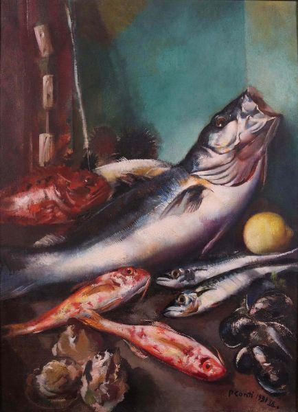 Primo Conti : Natura morta di pesci  - Asta Dipinti, Disegni, Sculture e Grafica - Associazione Nazionale - Case d'Asta italiane