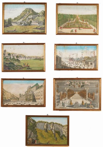 Gruppo di sette vedute ottiche. Francia, met� secolo XVIII  - Asta Stampe - Associazione Nazionale - Case d'Asta italiane