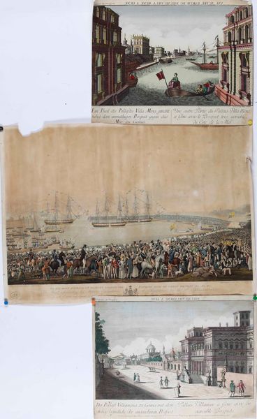 Vedute ottiche a colori<BR> Due vedute ottiche raffiguranti scorci della citt� di Genova. Francia, secolo XVIII<BR>  - Asta Stampe - Associazione Nazionale - Case d'Asta italiane