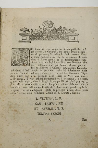 Luca Lobera Delle antichit� della terra, castello, e chiese di Vico e dell'origine della citt� di Mondov� Dissertazione<BR>  - Asta Libri Antichi - Associazione Nazionale - Case d'Asta italiane
