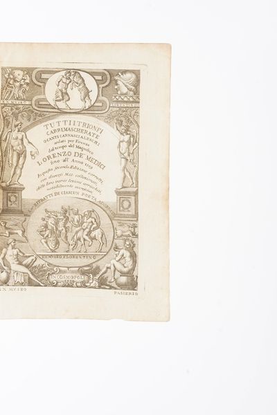 Grazzini Anton Francesco Tutti i trionfi carri, mascherate o canti carnascialeschi andati per Firenze dal tempo del magnifico Lorenzo De Medici fino all'anno 1559... In Cosmopoli (ma Lucca, Benedini), 1750.  - Asta Libri Antichi - Associazione Nazionale - Case d'Asta italiane