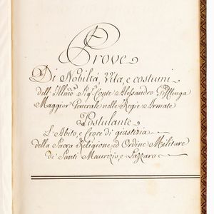 Prove di Nobilt� vita e Costumi dell'Ill.mo Sig. Conte Alessandro Gifflenga Maggior Generale nelle Regie Armate Postulante L'Abito e Croce di Giustizia...  - Asta Libri, Autografi e Stampe - Associazione Nazionale - Case d'Asta italiane
