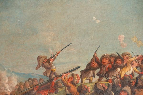 Attribuito a Enrico Albrici (Vilminore di Scalve 1714 – Bergamo 1773) : Combattimento tra nani e farfalle  - Asta Dipinti e Disegni Antichi - Associazione Nazionale - Case d'Asta italiane